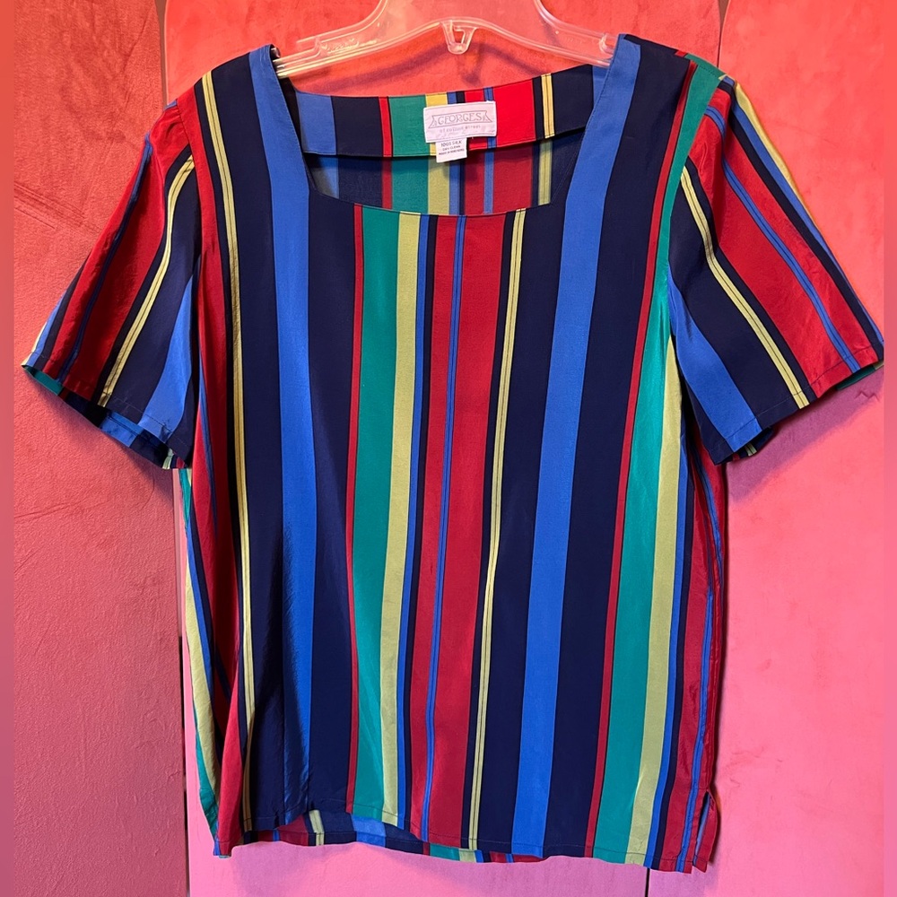 Vintage Georges of Collins Street 100% Silk Striped Square-Neck Blouse